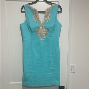 Lilly Pulitzer Suzette Shift Dress Women's Size 10 Serene Blue Gold Cord Detail